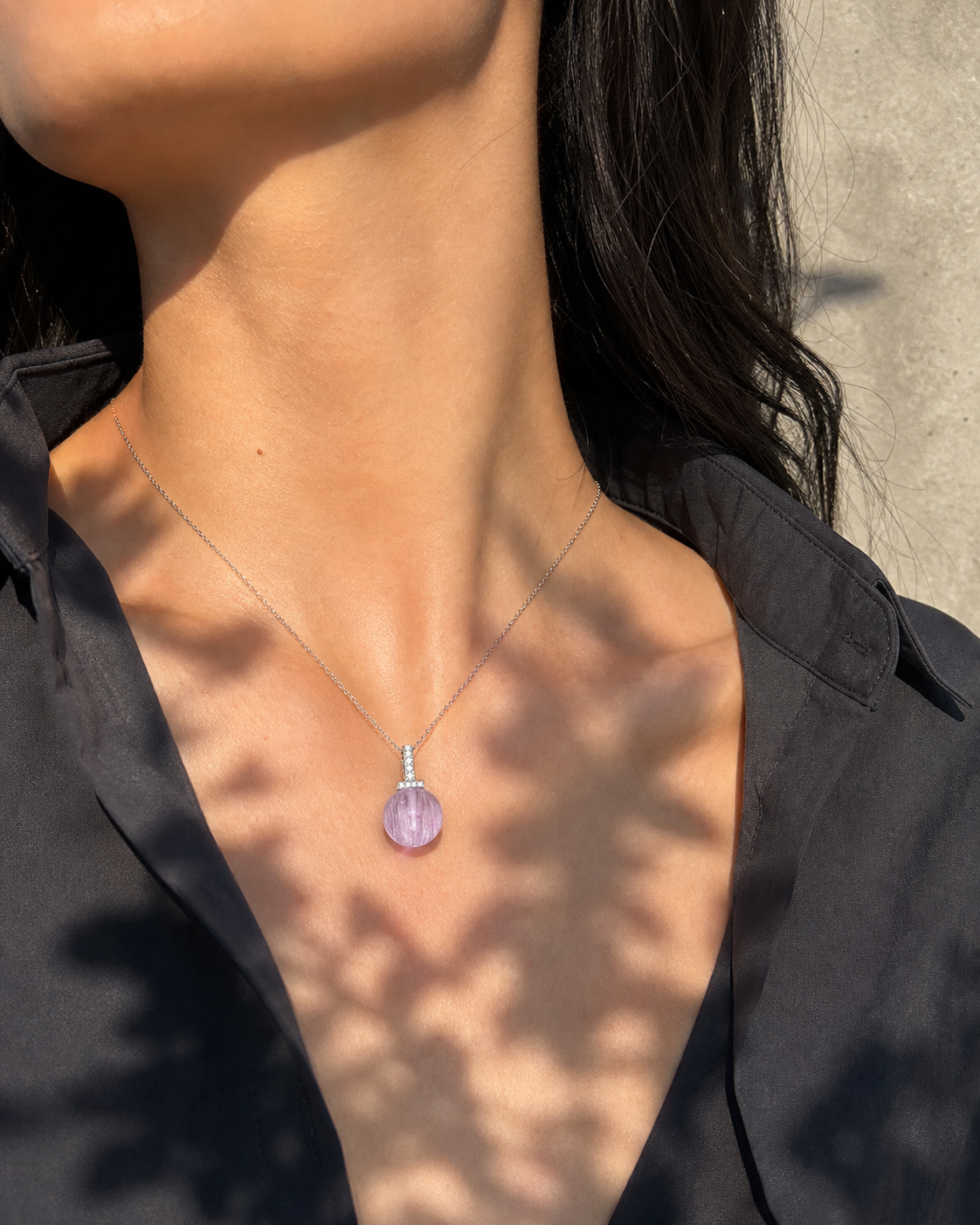 Kunzite interchangeable pendant necklace, worn styling view