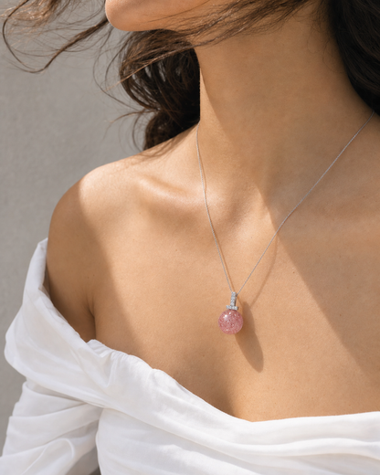 Strawberry Quartz interchangeable pendant necklace, worn styling view
