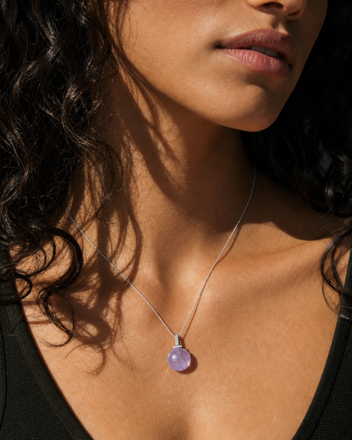 Bolivian Amethyst interchangeable pendant necklace, worn styling view