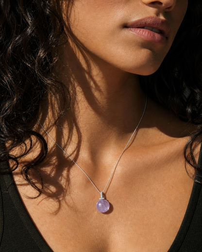 Bolivian Amethyst interchangeable pendant necklace, worn styling view