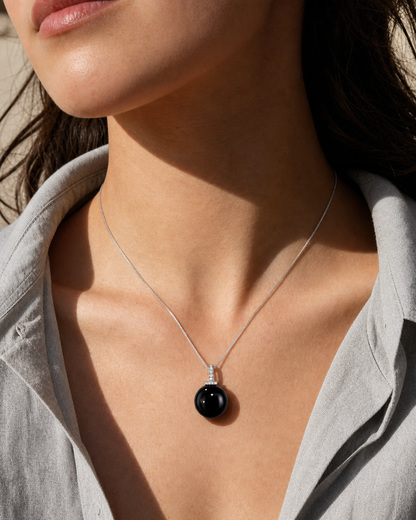 Black Obsidian interchangeable pendant necklace, worn styling view