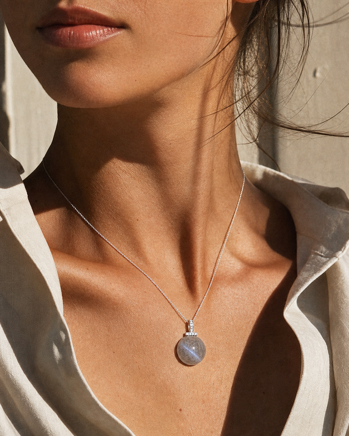 Gray Moonstone interchangeable pendant necklace, worn styling view
