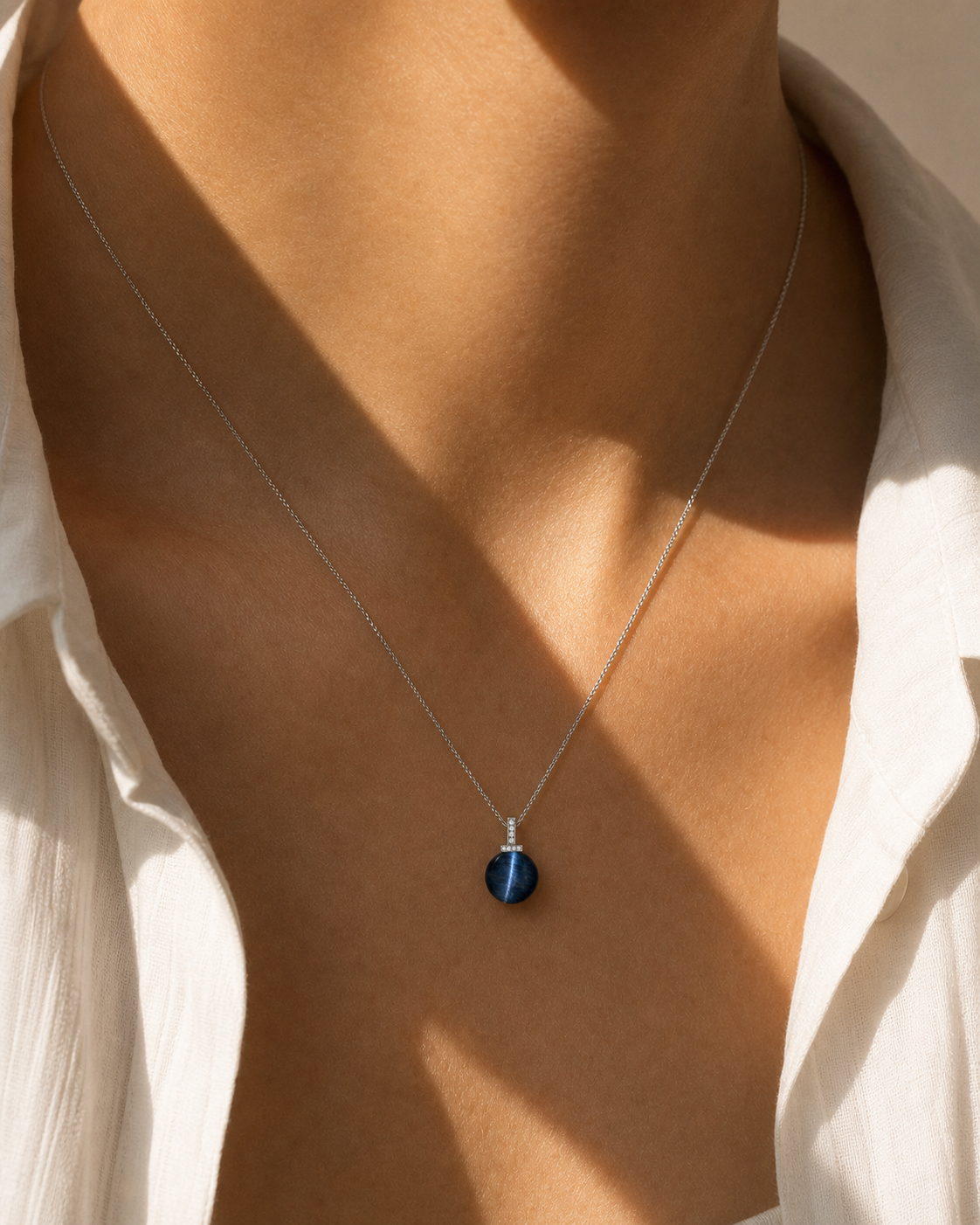 Blue Tiger’s Eye interchangeable pendant necklace, worn styling view