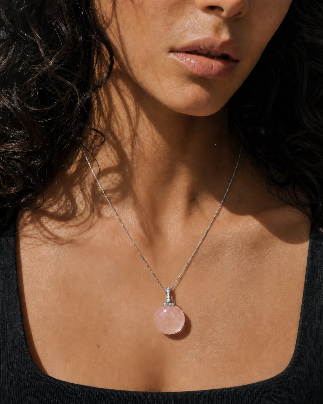 Rose Quartz interchangeable pendant necklace, worn styling view