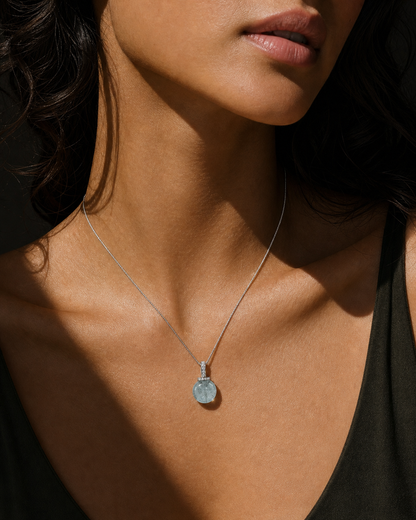 Aquamarine interchangeable pendant necklace, worn styling view