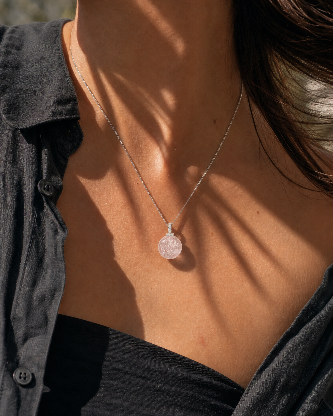 Snow Phantom Quartz interchangeable pendant necklace, worn styling view