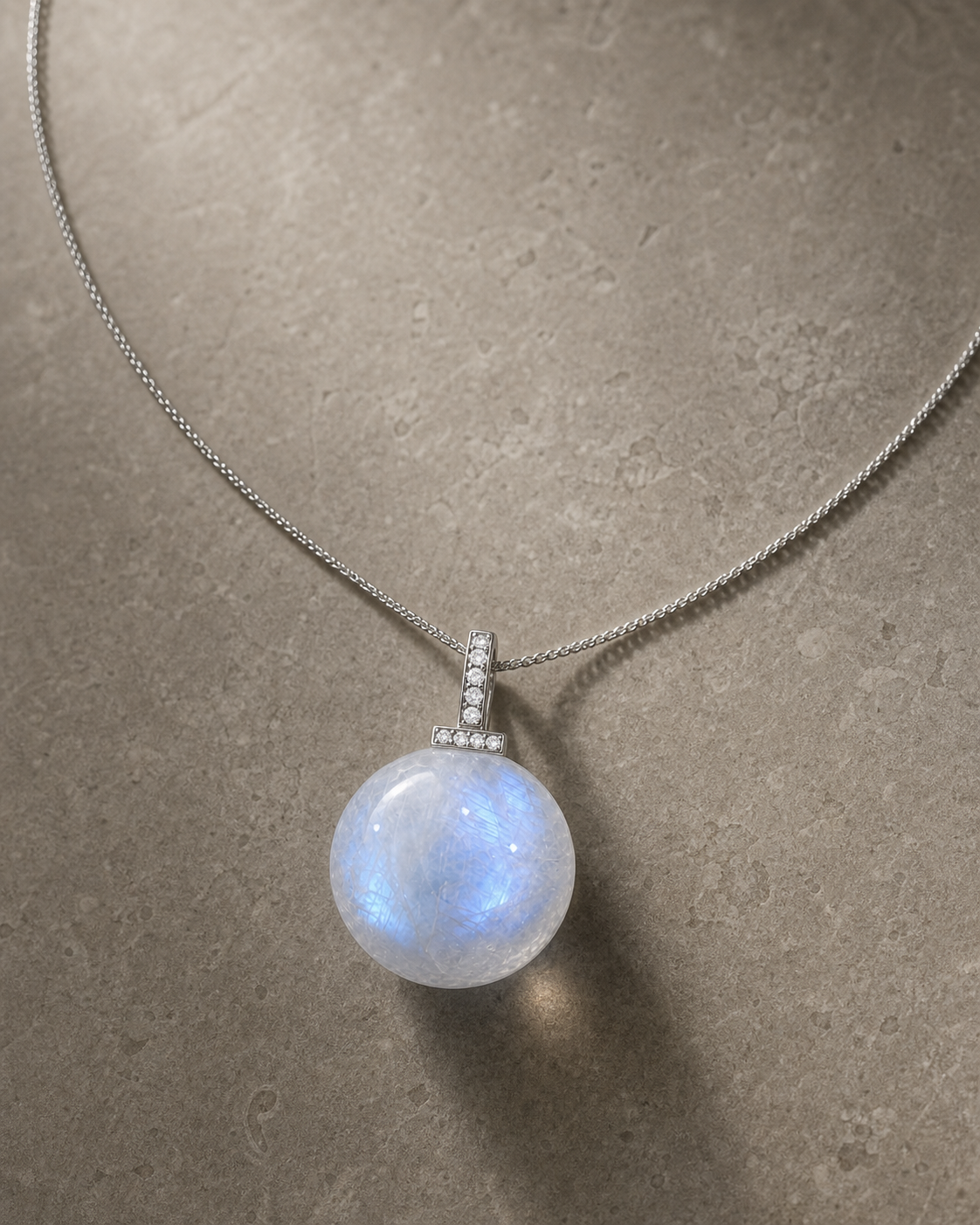 Blue Moonstone interchangeable pendant necklace, crystal still-life detail