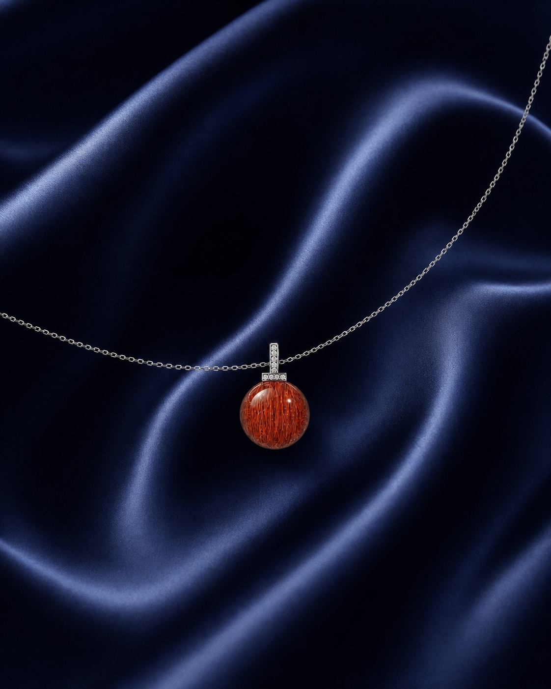 Red Rabbit Hair Quartz interchangeable pendant necklace, worn styling view