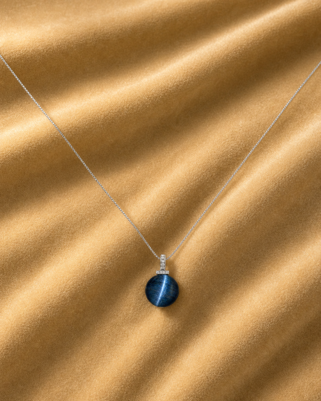 Blue Tiger’s Eye interchangeable pendant necklace, worn styling view