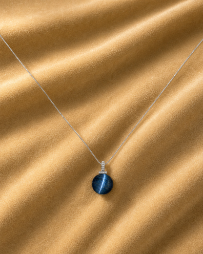 Blue Tiger’s Eye interchangeable pendant necklace, worn styling view