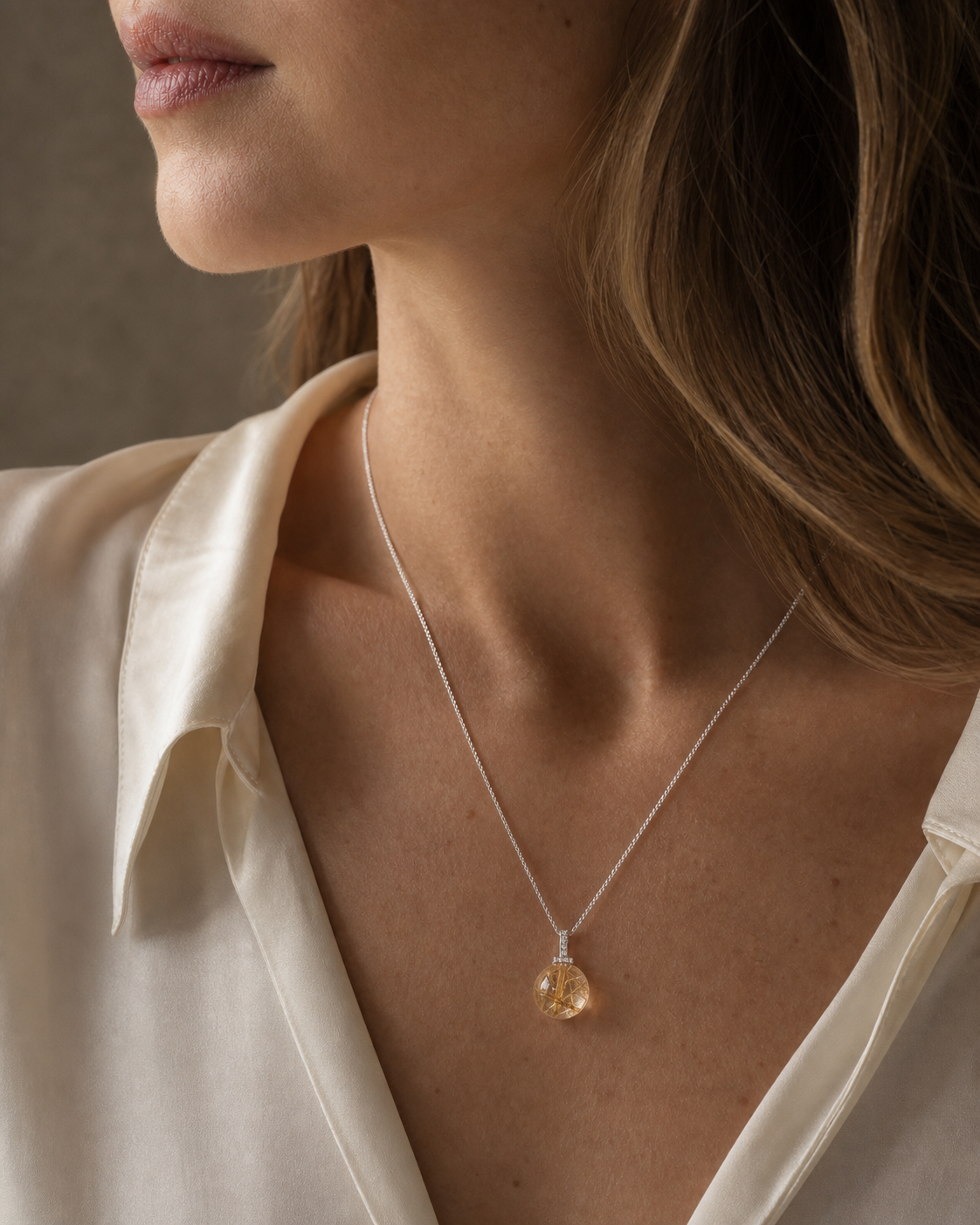 Golden Rutilated Quartz interchangeable pendant necklace, worn styling view