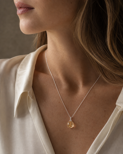 Golden Rutilated Quartz interchangeable pendant necklace, worn styling view