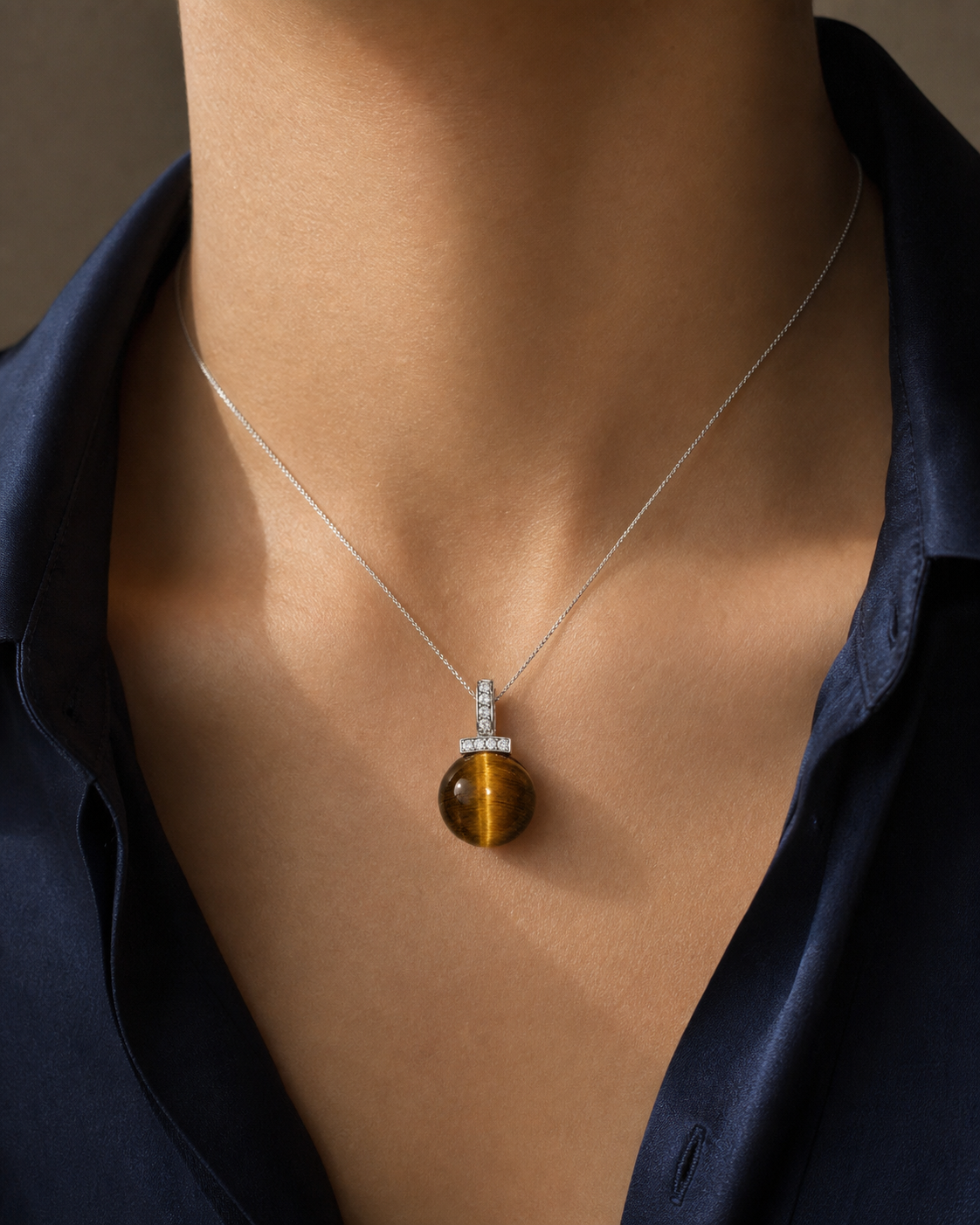 Yellow Tiger’s Eye interchangeable pendant necklace, worn styling view