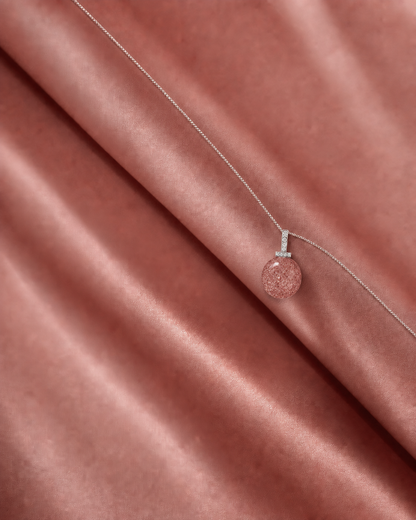 Strawberry Quartz interchangeable pendant necklace, worn styling view