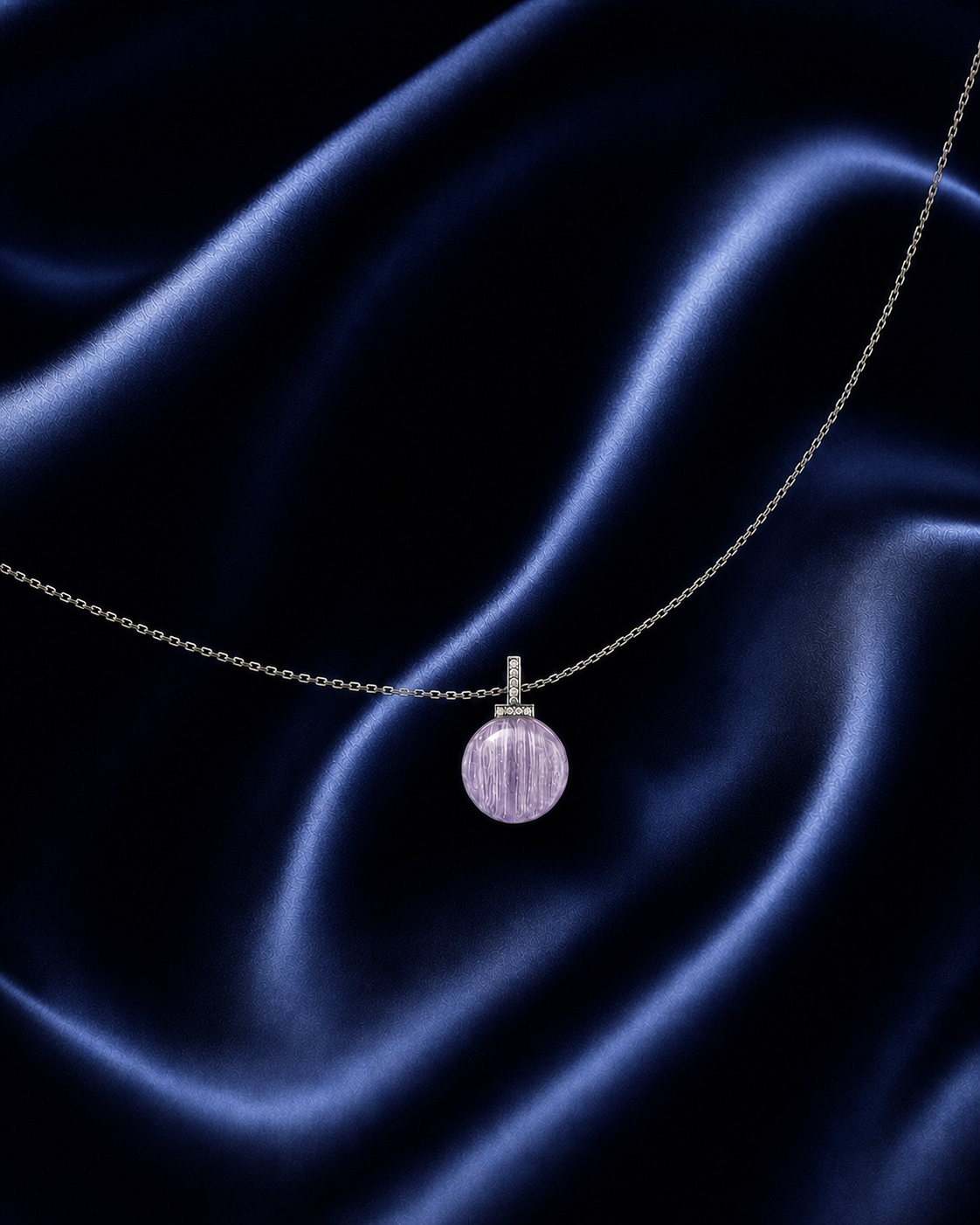 Kunzite interchangeable pendant necklace, worn styling view