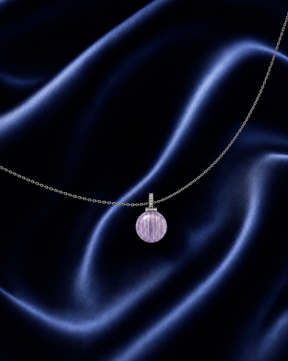 Kunzite interchangeable pendant necklace, worn styling view