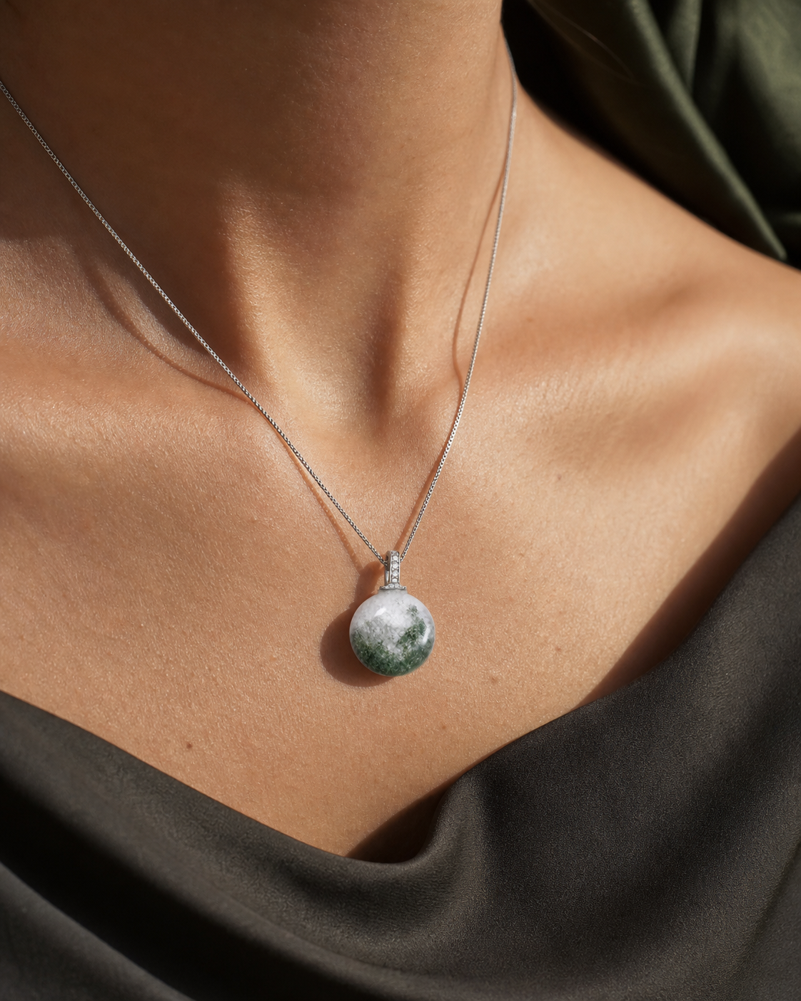 Green Phantom Quartz interchangeable pendant necklace, worn styling view