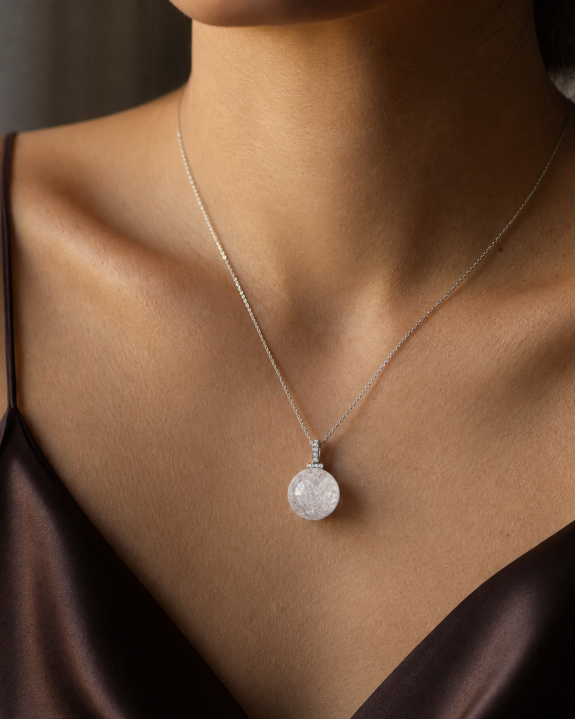 White Phantom Quartz interchangeable pendant necklace, worn styling view