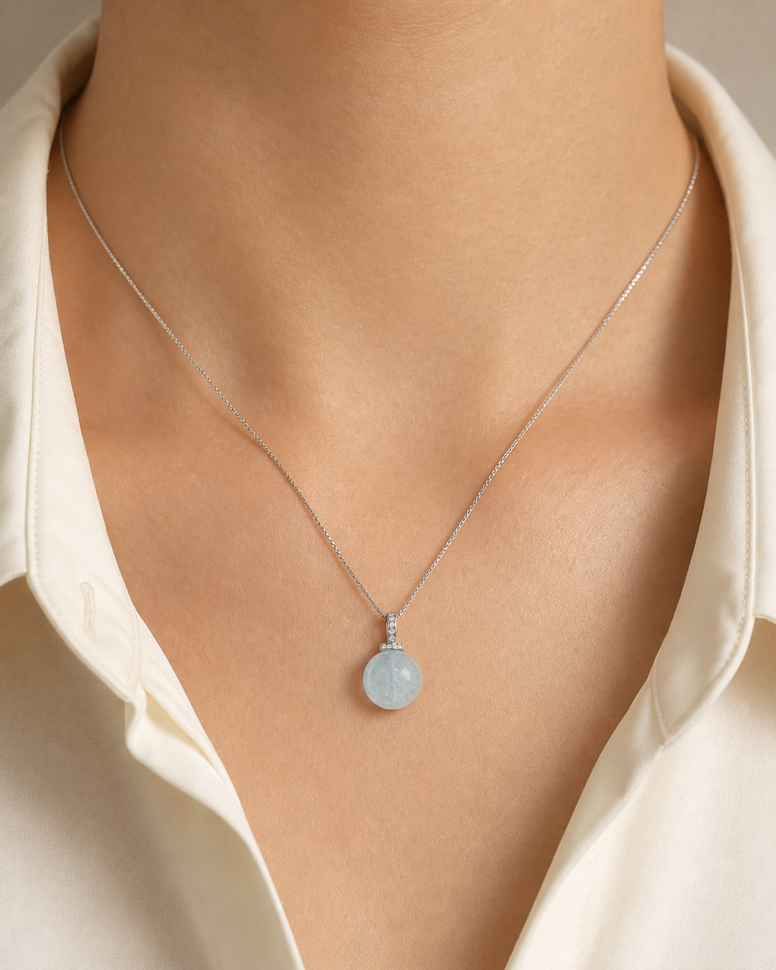 Aquamarine interchangeable pendant necklace, worn styling view