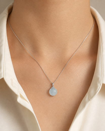 Aquamarine interchangeable pendant necklace, worn styling view