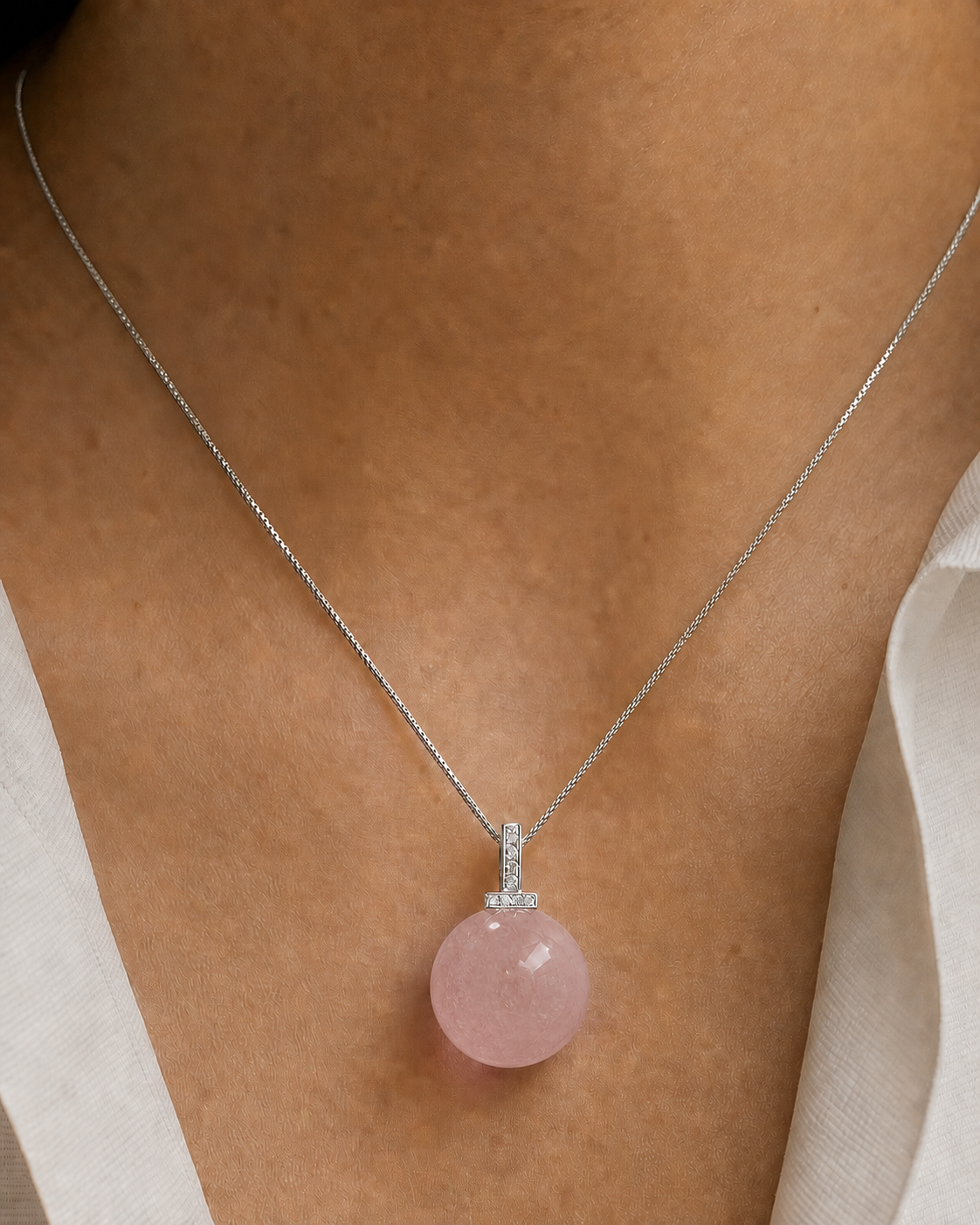 Rose Quartz interchangeable pendant necklace, worn styling view