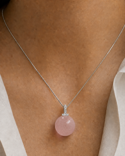 Rose Quartz interchangeable pendant necklace, worn styling view