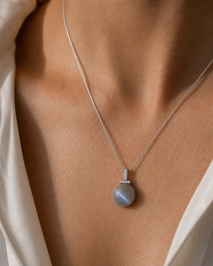 Gray Moonstone interchangeable pendant necklace, worn styling view