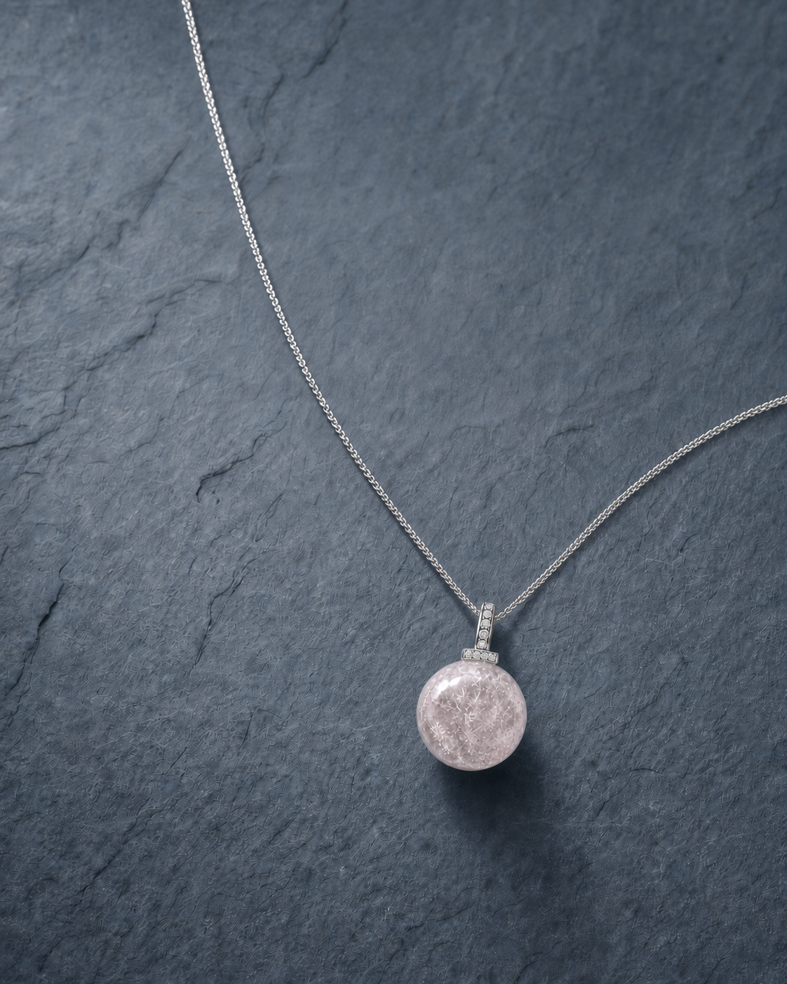 Snow Phantom Quartz interchangeable pendant necklace, crystal still-life detail