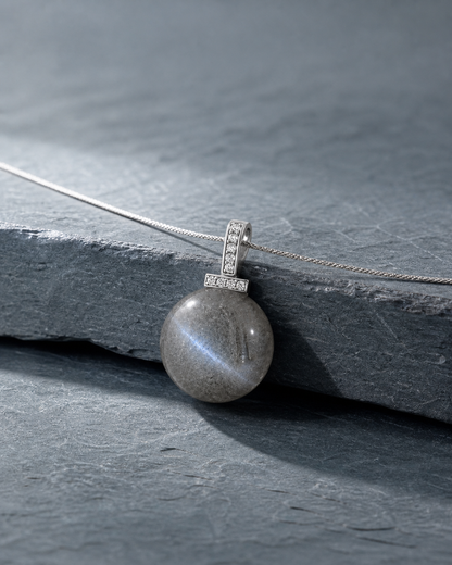 Gray Moonstone interchangeable pendant necklace, crystal still-life detail