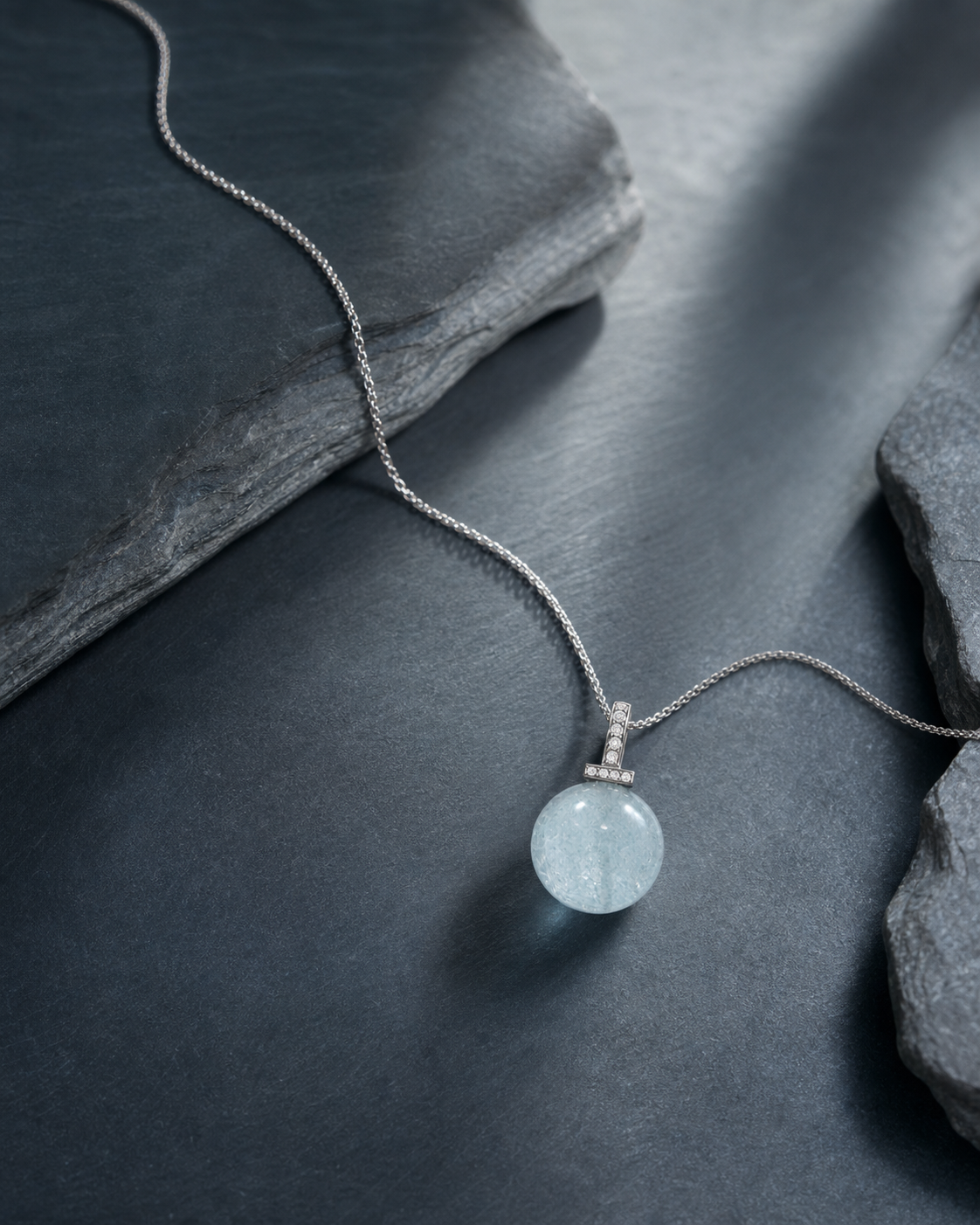Aquamarine interchangeable pendant necklace, crystal still-life detail