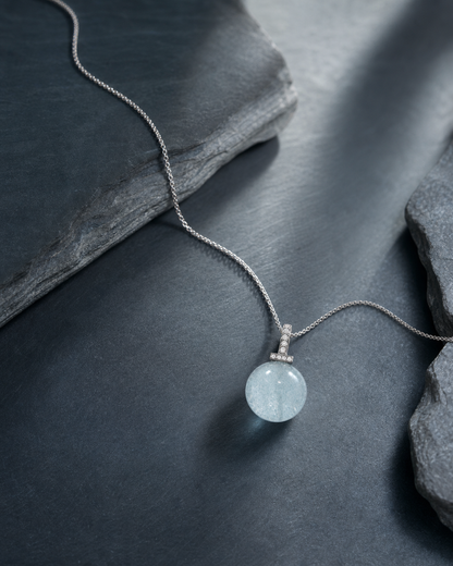 Aquamarine interchangeable pendant necklace, crystal still-life detail