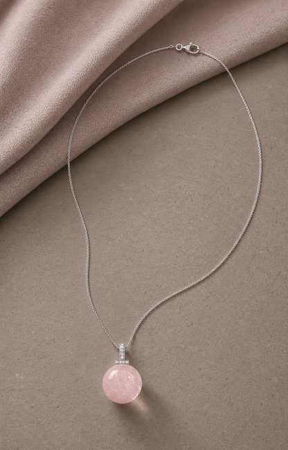 Rose Quartz interchangeable pendant necklace, crystal still-life detail