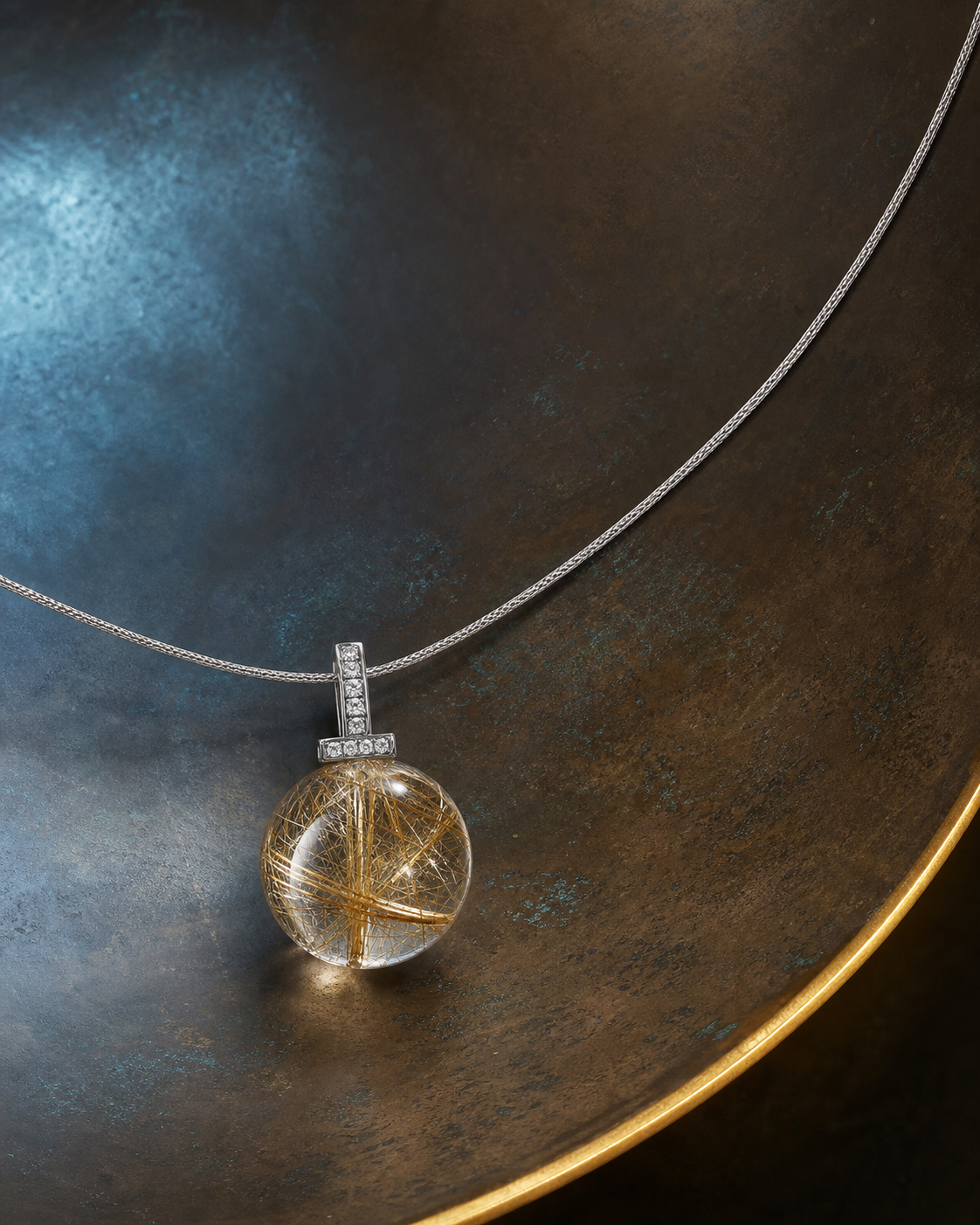 Golden Rutilated Quartz interchangeable pendant necklace, crystal still-life detail