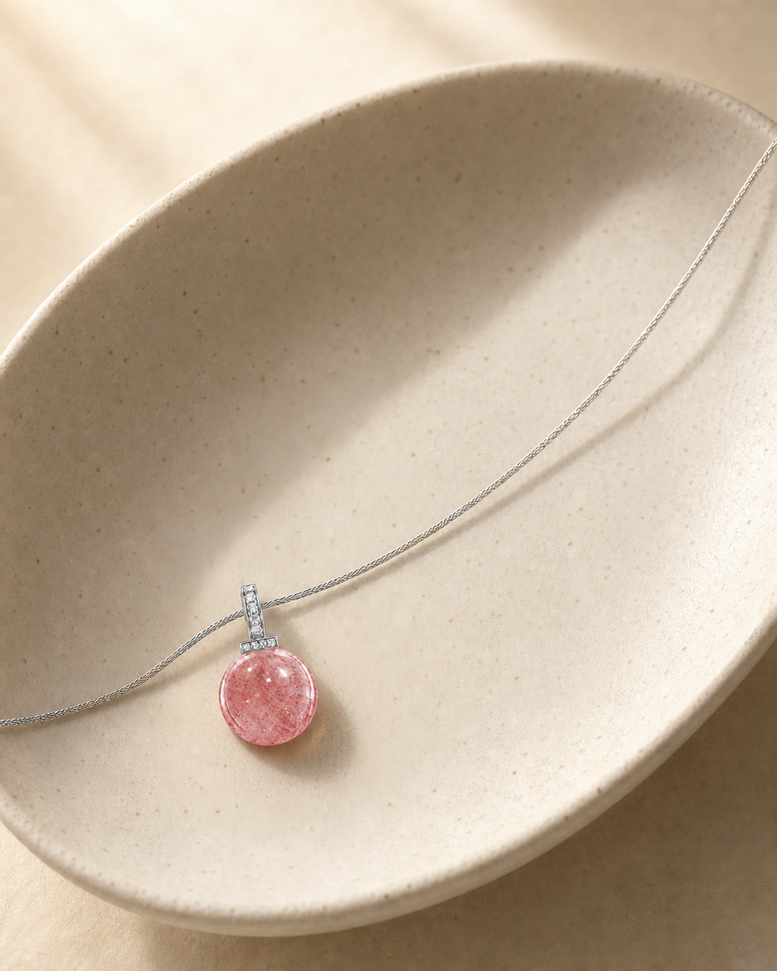 Strawberry Quartz interchangeable pendant necklace, crystal still-life detail