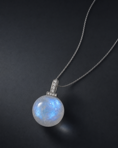 Blue Moonstone interchangeable pendant necklace, crystal still-life detail