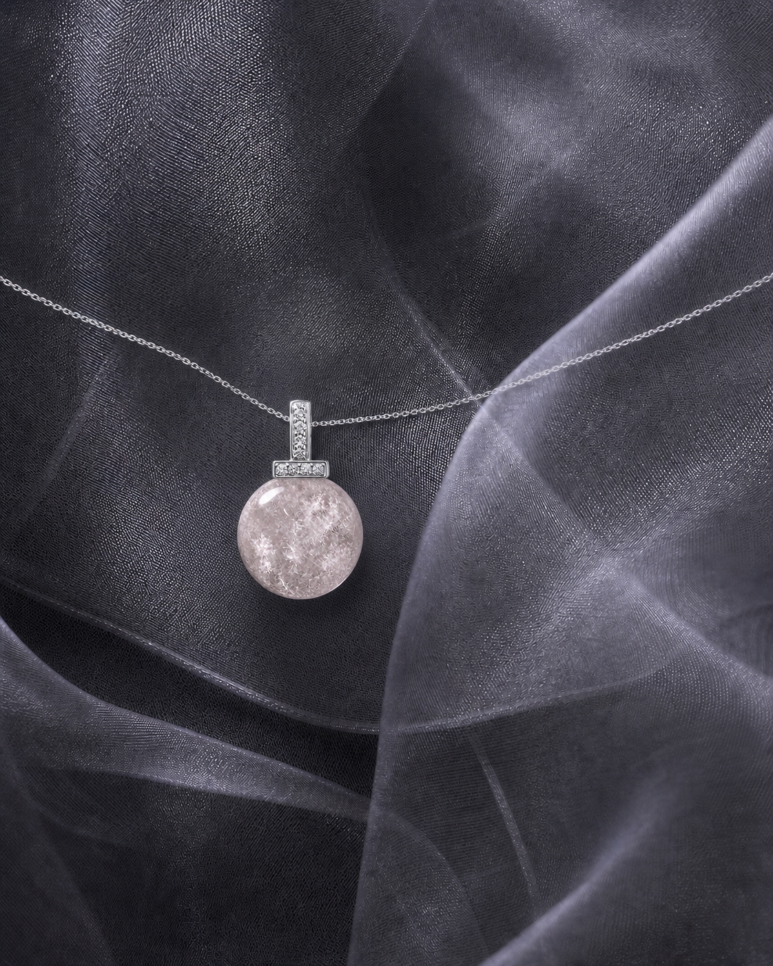 Snow Phantom Quartz interchangeable pendant necklace, crystal still-life detail