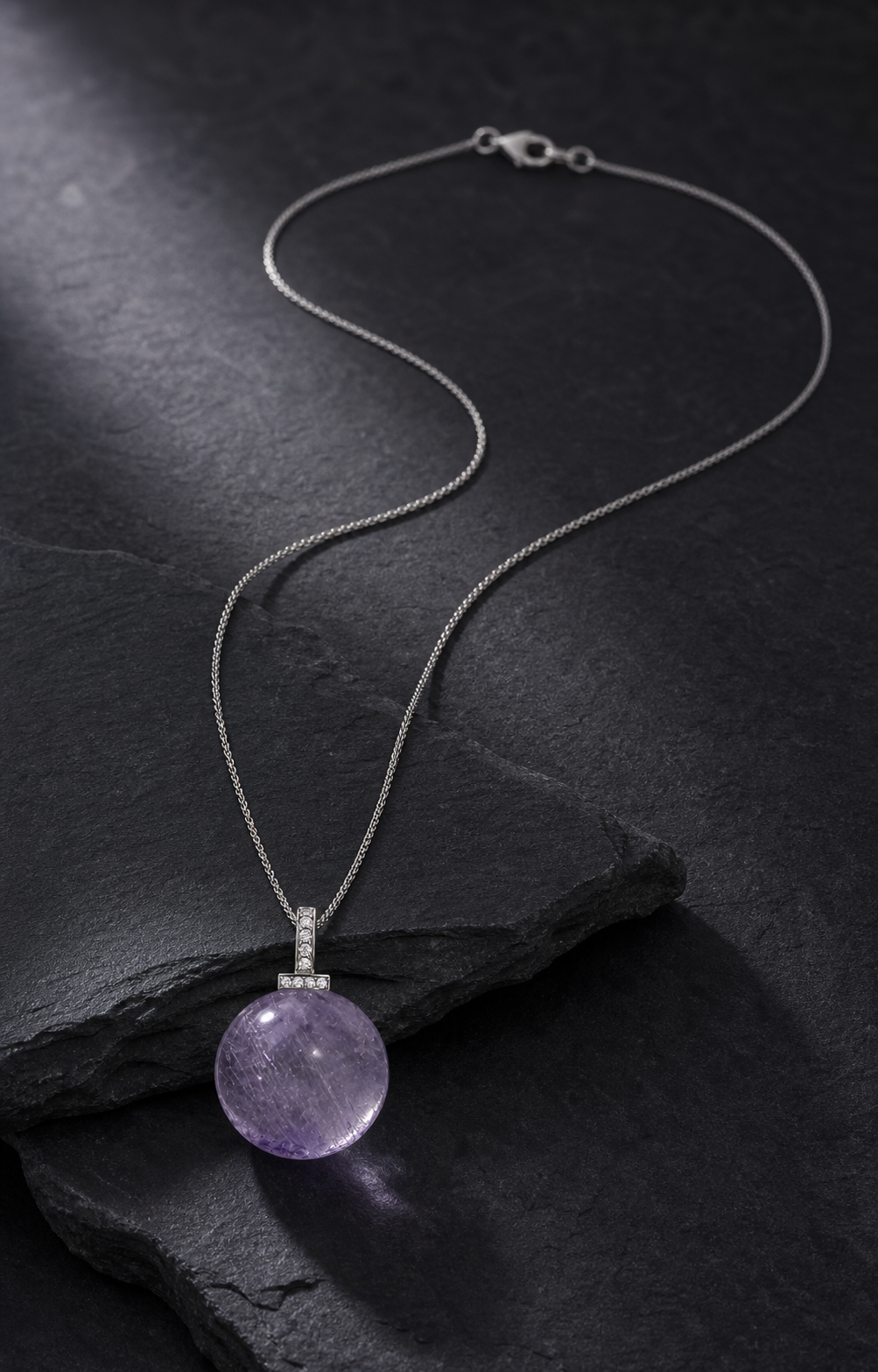 Bolivian Amethyst interchangeable pendant necklace, crystal still-life detail