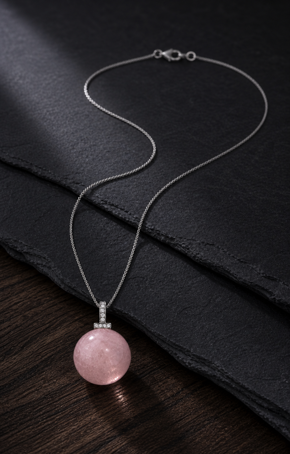 Rose Quartz interchangeable pendant necklace, crystal still-life detail