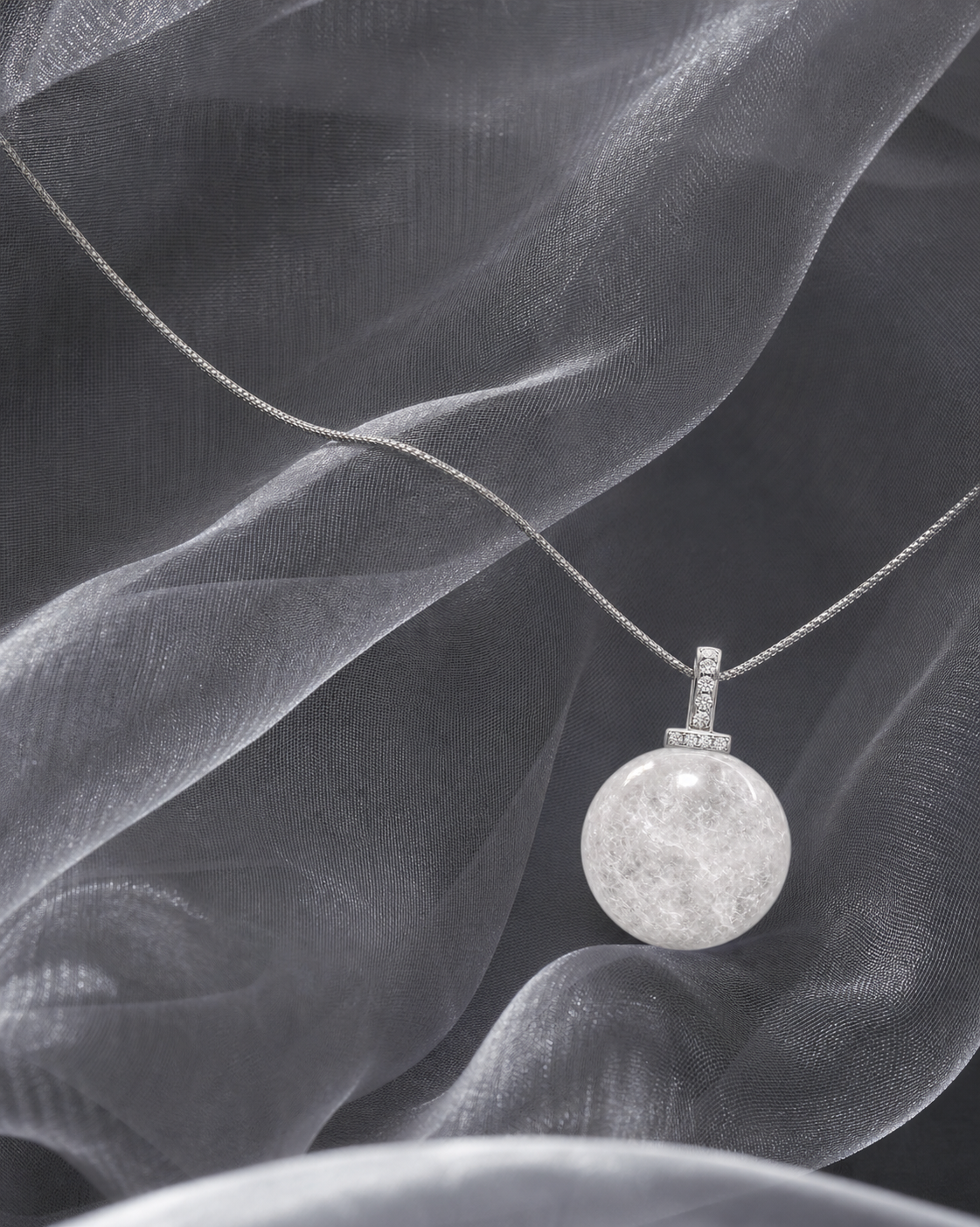 White Phantom Quartz interchangeable pendant necklace, crystal still-life detail
