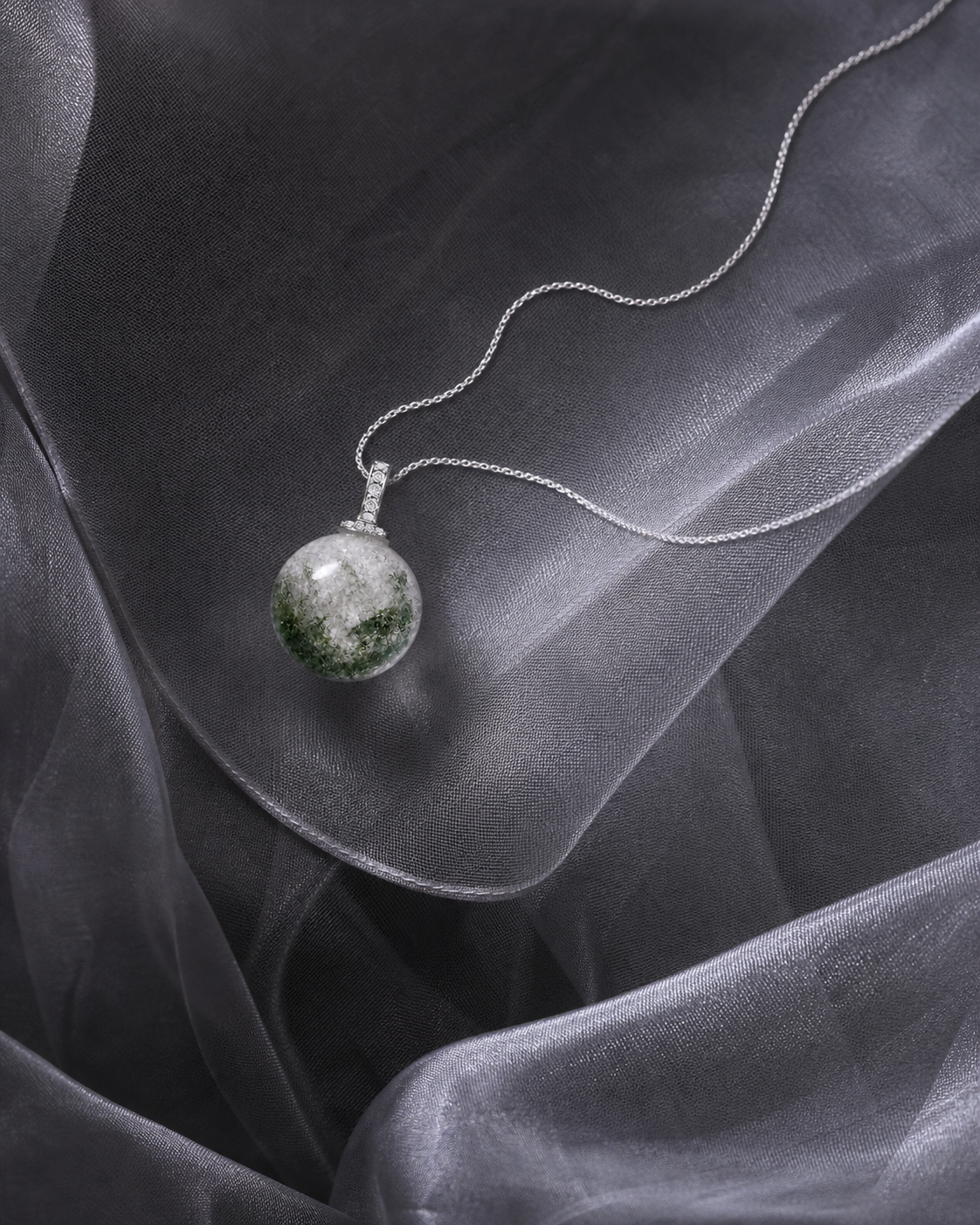Green Phantom Quartz interchangeable pendant necklace, crystal still-life detail