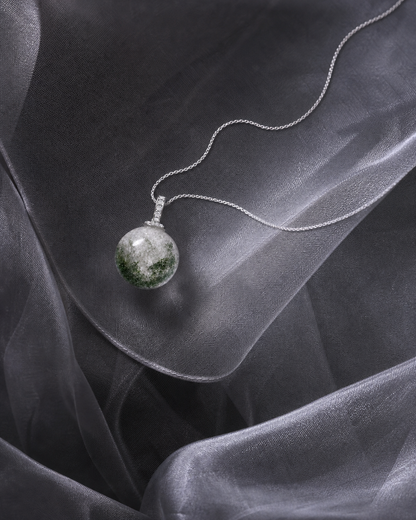 Green Phantom Quartz interchangeable pendant necklace, crystal still-life detail