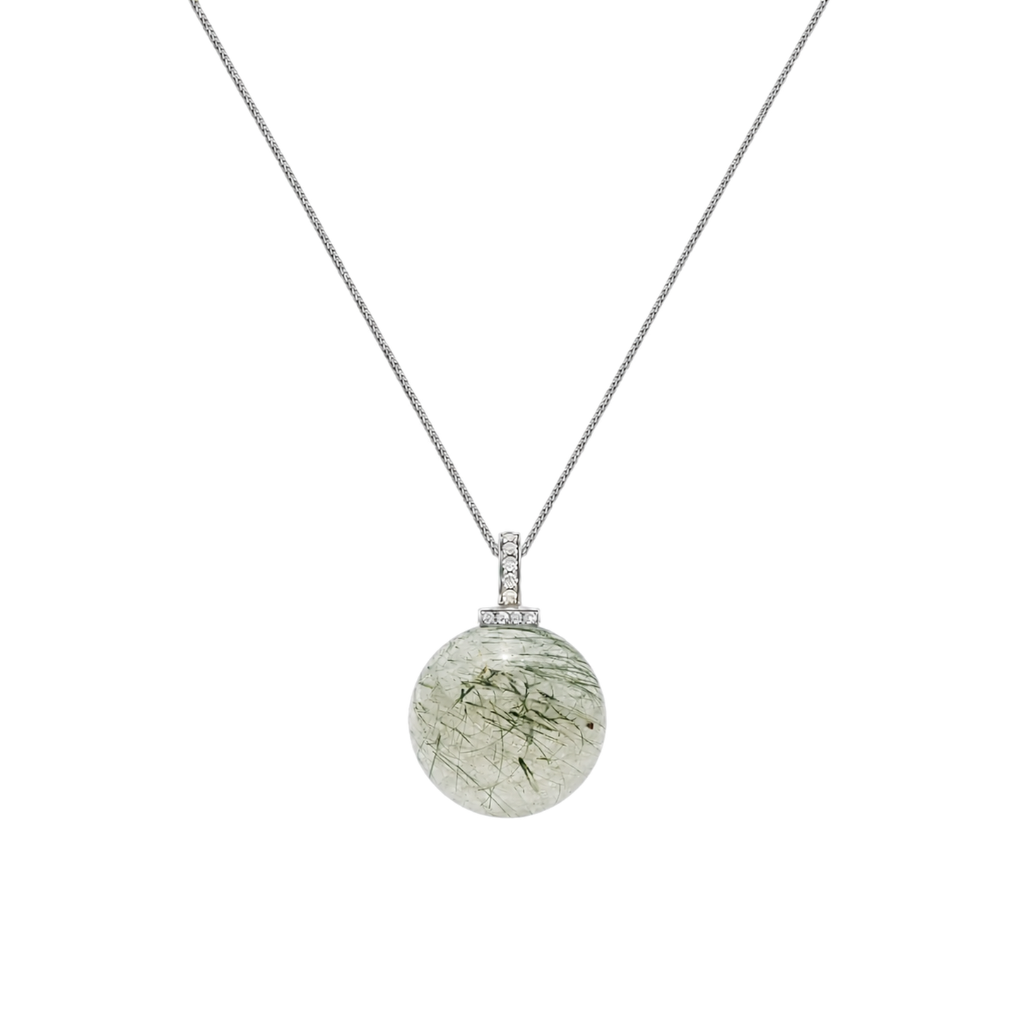Green Rabbit Hair Quartz interchangeable pendant necklace, front transparent pendant close-up