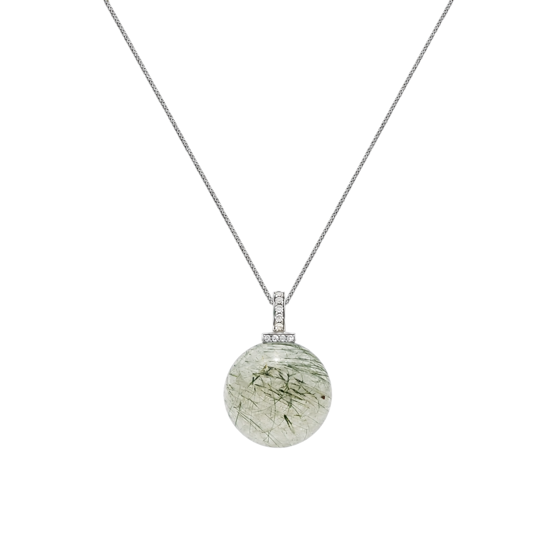 Green Rabbit Hair Quartz interchangeable pendant necklace, front transparent pendant close-up