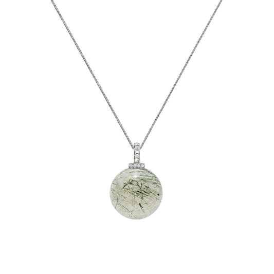 Green Rabbit Hair Quartz interchangeable pendant necklace, front transparent pendant close-up