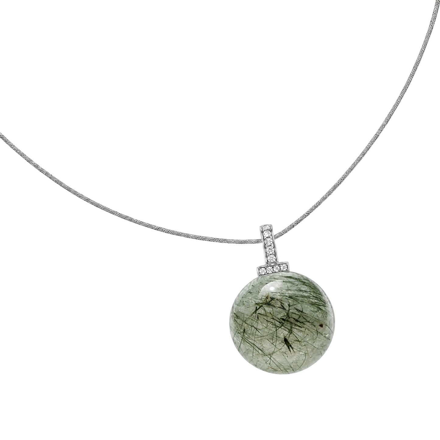 Green Rabbit Hair Quartz interchangeable pendant necklace, angled transparent pendant close-up