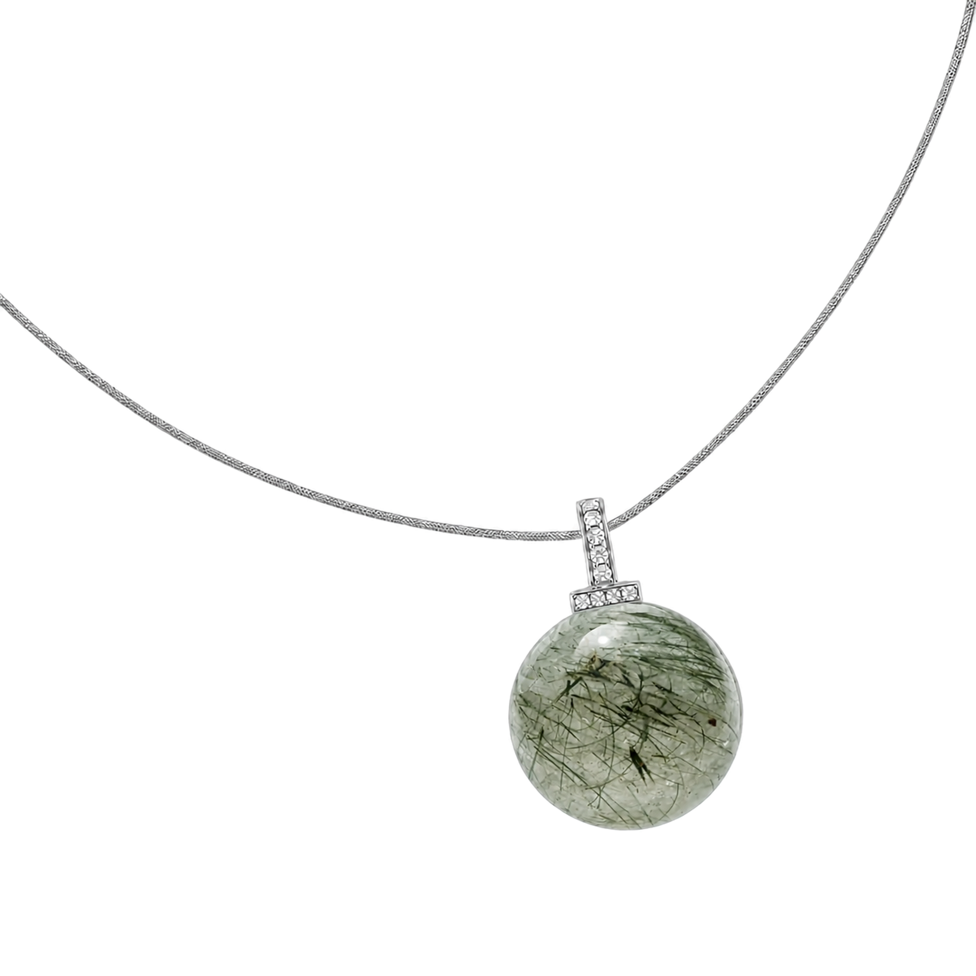 Green Rabbit Hair Quartz interchangeable pendant necklace, angled transparent pendant close-up