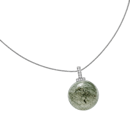 Green Rabbit Hair Quartz interchangeable pendant necklace, angled transparent pendant close-up