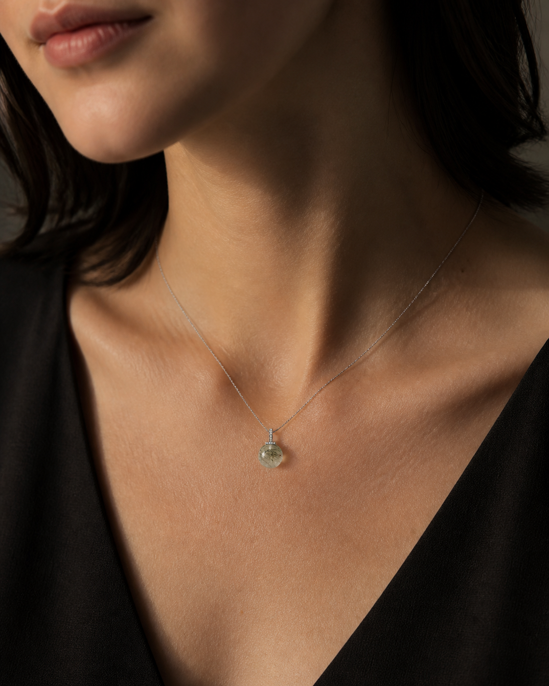 Green Rabbit Hair Quartz interchangeable pendant necklace, worn styling view
