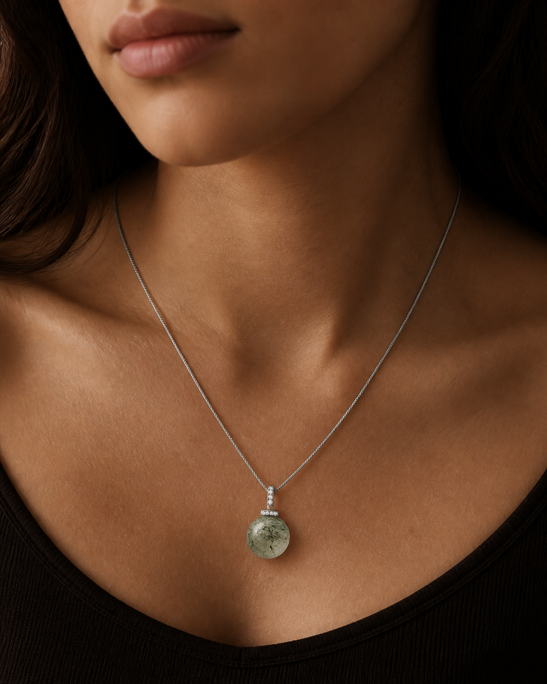 Green Rabbit Hair Quartz interchangeable pendant necklace, worn styling view