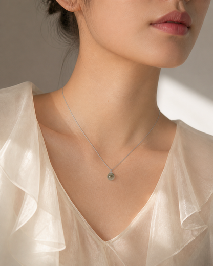 Green Rabbit Hair Quartz interchangeable pendant necklace, worn styling view